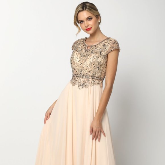 NEW FLOOR LENGTH A-LINE POLYESTER DRESS EMBROIDERED WITH RHINESTONES JT 657 - Picture 3 of 8